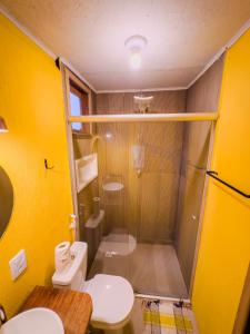 a bathroom with a shower and a toilet and a sink at Canoa Abraão in Abraão