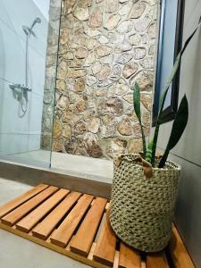 una maceta sentada en un banco de madera frente a una ducha en Casa Simona en Las Rabonas