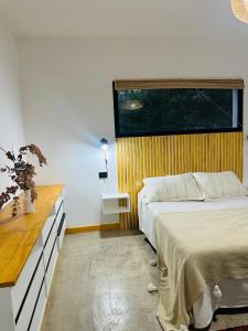 1 dormitorio con cama y escritorio con planta en Casa Simona en Las Rabonas