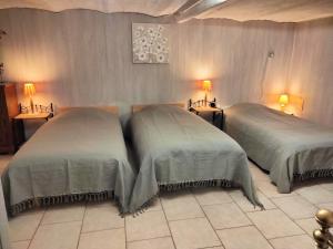 two beds in a room with two lamps on the wall at Appartement dans le Morvan 16 min de l'autoroute in Beauvilliers