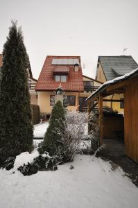 ein Haus mit einem schneebedeckten Hof mit einem Haus in der Unterkunft Penzion Helena in Stará Lesná