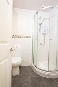 La salle de bains est pourvue d'une douche et de toilettes. dans l'établissement Cosy 2BR Apartment in Nottingham, à Nottingham