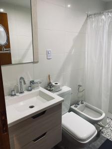 a bathroom with a sink and a toilet and a mirror at Cabañas Golden in San Rafael