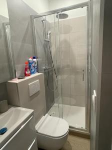 Appartement Vincennes cozy في فينسين: حمام مع دش ومرحاض ومغسلة