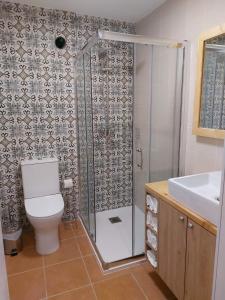 La salle de bains est pourvue d'une douche, de toilettes et d'un lavabo. dans l'établissement Casa Pinhão de Sousa, à Vieira do Minho