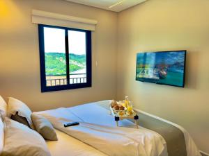 a bedroom with a bed with a tv on the wall at Villa Cristalle - Campos do Jordão in Campos do Jordão