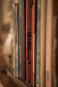 a row of books sitting on a shelf at Huala Hosteria in Lago Puelo