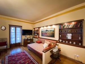 a living room with a couch and book shelves at Villa Arcturia in Nimfaíon