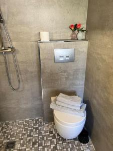 a bathroom with a toilet with towels on it at Moderne City Wohnung Paderborn Zentrum in Paderborn