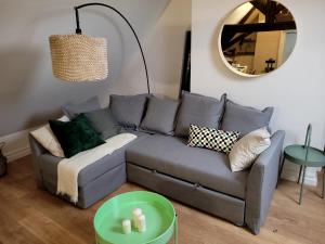 Sala de estar con sofá gris y espejo en Appartement atypique, en Mitry-Mory