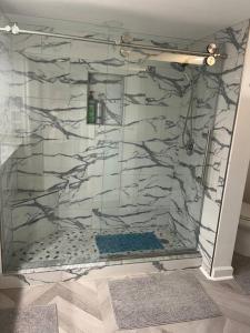 a shower with a glass wall in a bathroom at Harbor View, short 7 minute walk to beach. in Vero Beach