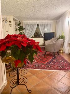 una sala de estar con un jarrón con flores rojas. en Hotel Zeni en Madonna di Campiglio