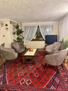 a living room with chairs and a table and a tv at Hotel Zeni in Madonna di Campiglio