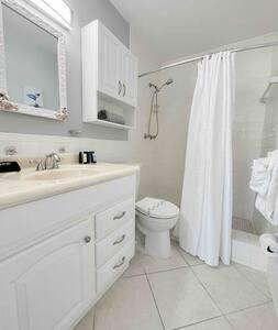 a white bathroom with a toilet and a sink at Perfect Beach Getaway with Dock AND Pet Friendly in St Pete Beach