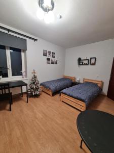 a living room with two beds and a christmas tree at Pie Parka in Alūksne