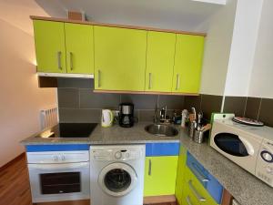 eine Küche mit grünen Schränken und einer Waschmaschine in der Unterkunft STUDIO Près des pistes avec parking in Ransol