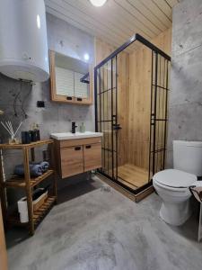 een badkamer met een douche, een toilet en een wastafel bij Marilyn Lux Apartment in Skopje