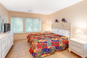 a bedroom with a bed and a tv and windows at Bluff Villas 1673 in Hilton Head Island