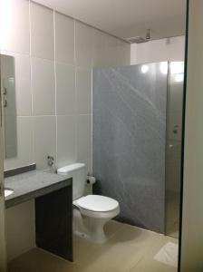 a bathroom with a toilet and a sink and a shower at Itumbiara Palace Hotel in Itumbiara
