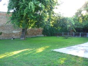 un árbol en un patio junto a una pared de ladrillo en Relax House Irina en Novi Bečej