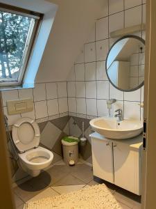 a bathroom with a toilet and a sink and a mirror at Sarajevo View - Fresh air in Sarajevo