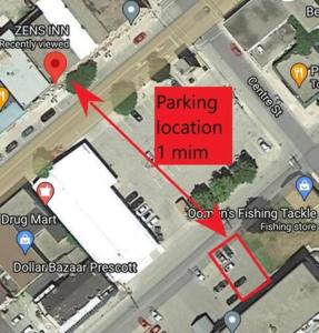 a map of a parking location with a red arrow at Zens Inn in Prescott
