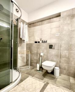 uma casa de banho com um WC e um chuveiro em Apartament przy Bulwarach em Krynica-Zdrój
