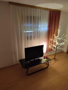 ein Wohnzimmer mit einem TV und einem Weihnachtsbaum in der Unterkunft Topli kutak Banja Luka in Banja Luka