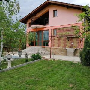 une maison rose avec une pelouse devant elle dans l'établissement River Hills Guest House, à Lesichevo