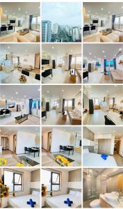 a collage of photos of a living room and a kitchen at Kim Ngan Phat Deluxe Apartment in Danang