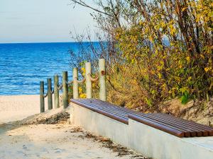 un banco en la playa junto al océano en Oliwkowa Perła, en Władysławowo