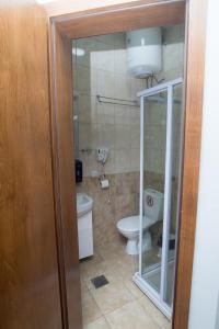 a bathroom with a toilet and a glass door at Villa La Munte in Kruševo