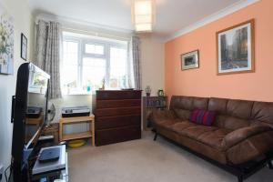 a living room with a brown couch and a television at 4 BR Family Home w parking garden in Emsworth