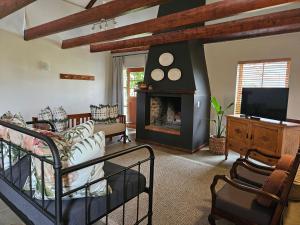 a living room with a fireplace and a tv at Lowergroen Guestfarm, Working Farm in Swellendam