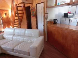uma sala de estar com um sofá branco e uma cozinha em Domos y tinaja en Icalma em San Pedro de la Paz