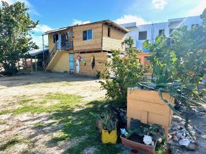 ein Holzhaus mit einem Hof mit Pflanzen davor in der Unterkunft Buen Hombre Kite School with Accommodations in La Costa de Buen Hombre