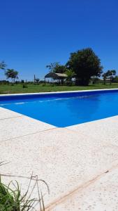 a blue swimming pool with a table in the background at La Quinta de LOS ABU in Ramallo