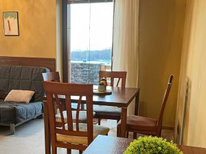 美國魯穆尼卡的住宿－Tri Štíty Apartment with Tatra View Terrace，客厅配有桌椅和窗户。