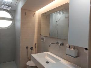 een badkamer met een wastafel, een toilet en een spiegel bij Loft del Talvera 2 in Bolzano