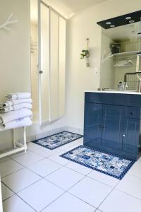 baño con ducha y armario azul en Jolie Chaumière avec jardin privé à 400m des sentiers côtiers - animaux acceptés, en Arradon