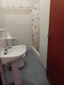 y baño con lavabo, aseo y ducha. en HOSTEL JUJUY en San Salvador de Jujuy