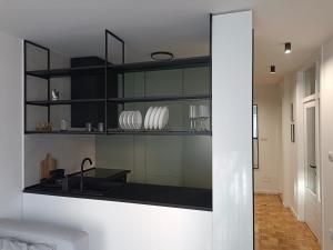 a kitchen with black shelves and a sink at Green Place in Vračar (historical)