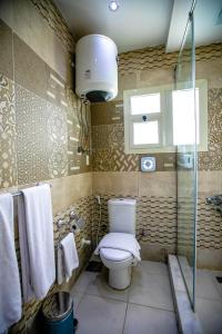 La salle de bains est pourvue de toilettes et d'une douche en verre. dans l'établissement Pyramids Chillout Hotel, au Caire
