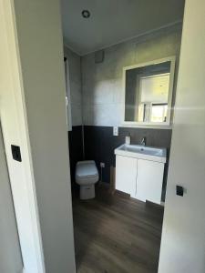 a bathroom with a white toilet and a sink at Au p'tit pré des salers in Hamois