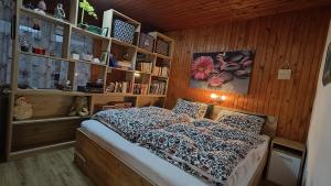 ein Schlafzimmer mit einem Bett in einem Zimmer mit Bücherregalen in der Unterkunft Snežak (Snowman) 2 in Bohinj