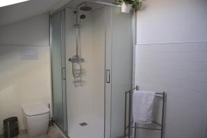 een badkamer met een glazen douche en een toilet bij b&b Adamà in Atena Lucana