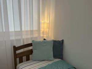 ein Bett mit zwei Kissen in einem Zimmer in der Unterkunft Apartament Słoneczne Szczecin in Stettin