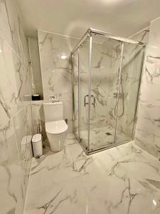 Un baño blanco con ducha y WC. en Comfortable apartment in the city center, en Atenas