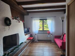 uma sala de estar com lareira e um sofá vermelho em Margiolà em Calalzo