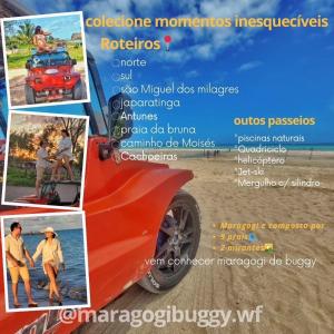 un collage de fotos de un coche en la playa en casa temporada maragogi en Maragogi